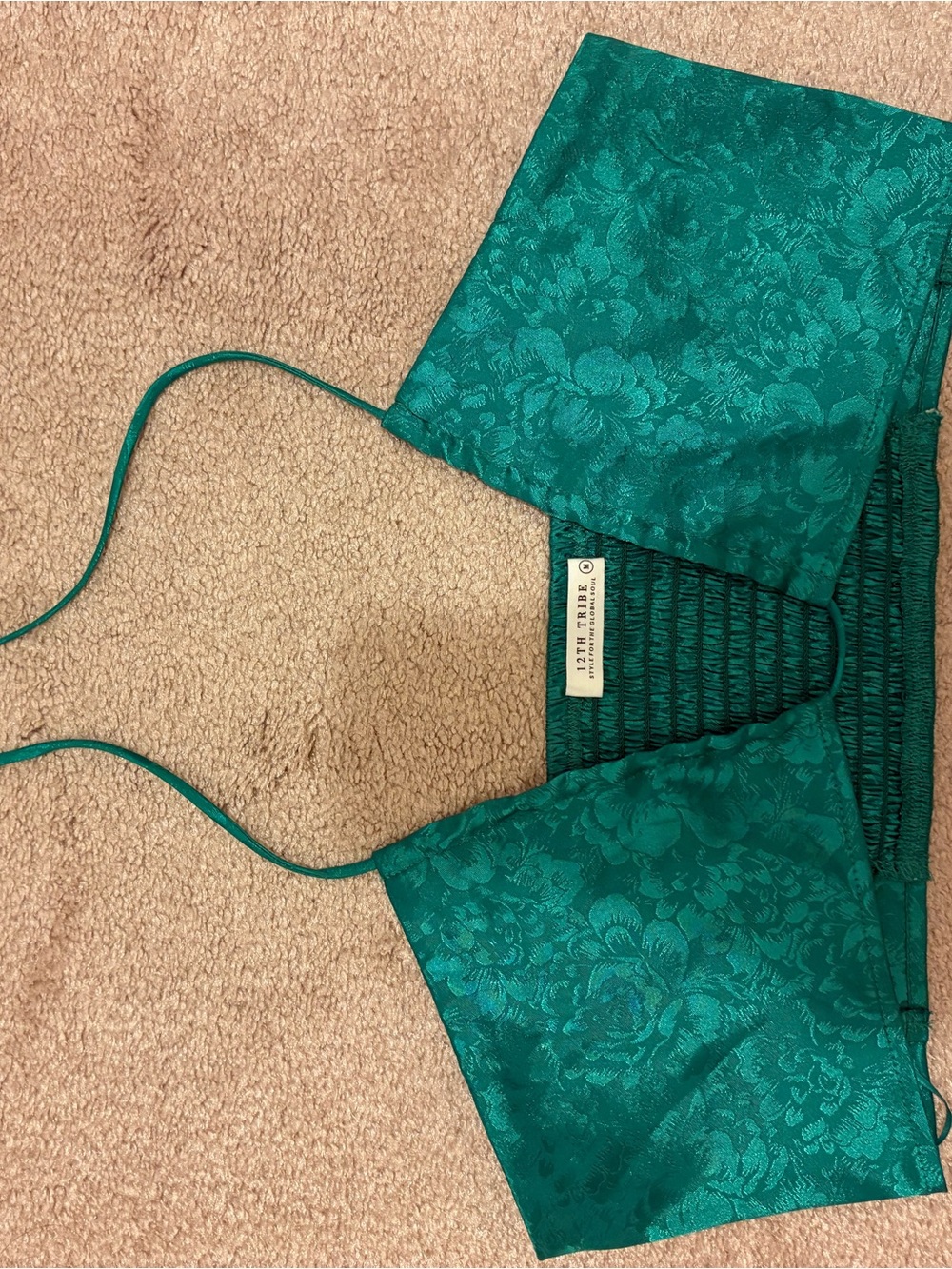 12TH TRIBE Emerald Green Floral Jacquard Halter Crop Top & Shorts Set - Picture 5 of 8